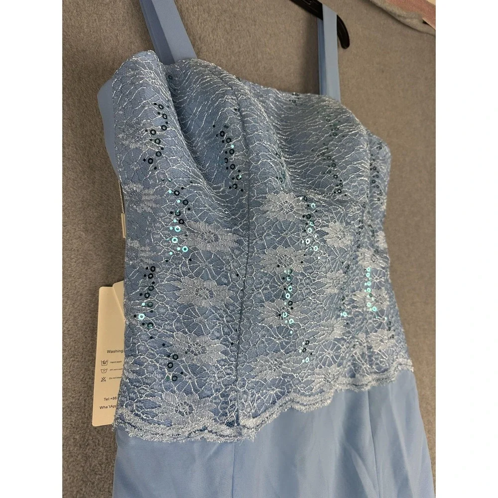 Blue Formal Dress Womens 8 Sequin Lace A Line Chiffon Maxi Wedding Gown NWT - Picture 4 of 11